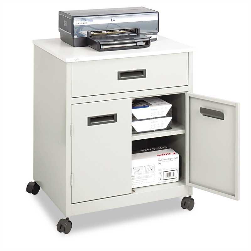 Pemberly Row Modern Metal Machine Stand with Drawe in Steel Gray Finish