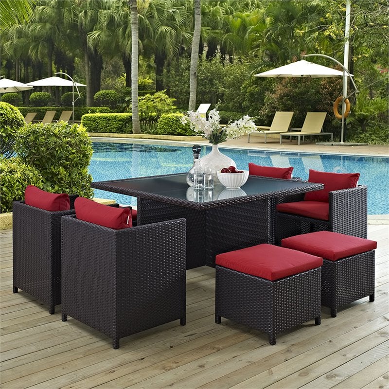 Pemberly Row Contemporary 9 Piece Patio Dining Set in Espresso and Red