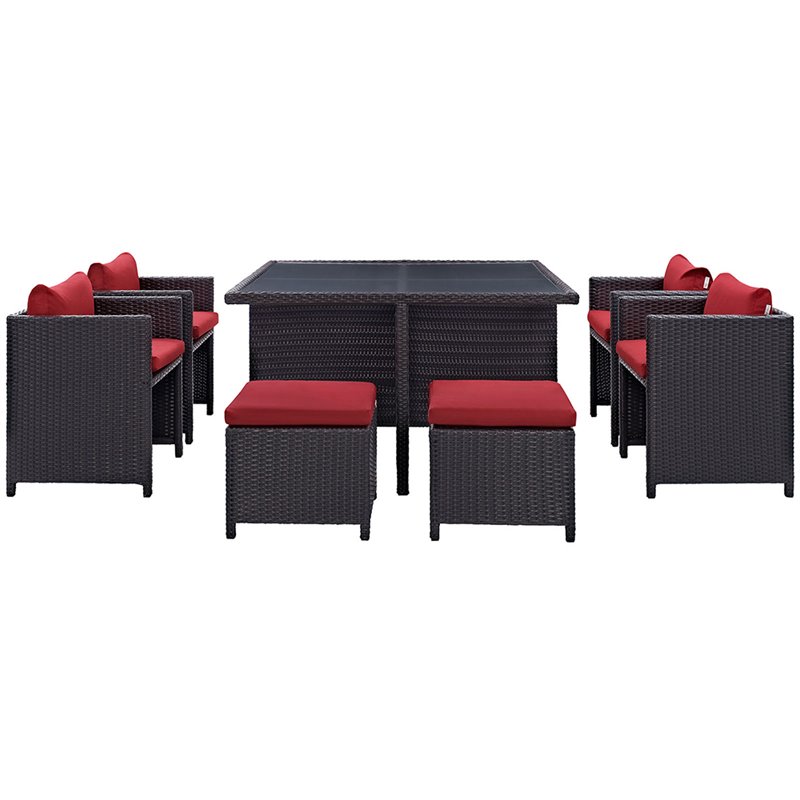Pemberly Row Contemporary 9 Piece Patio Dining Set in Espresso and Red