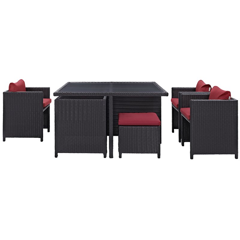 Pemberly Row Contemporary 9 Piece Patio Dining Set in Espresso and Red