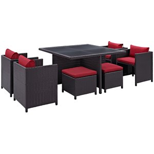 Pemberly Row Contemporary 9 Piece Patio Dining Set in Espresso and Red