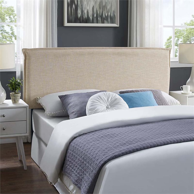Pemberly Row Queen Upholstered Polyester Fabric Headboard in Beige