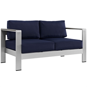 Pemberly Row Fabric and Aluminum Outdoor Patio Loveseat in Silver/Navy