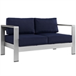 Pemberly Row Fabric and Aluminum Outdoor Patio Loveseat in Silver/Navy