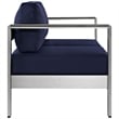 Pemberly Row Fabric and Aluminum Outdoor Patio Loveseat in Silver/Navy
