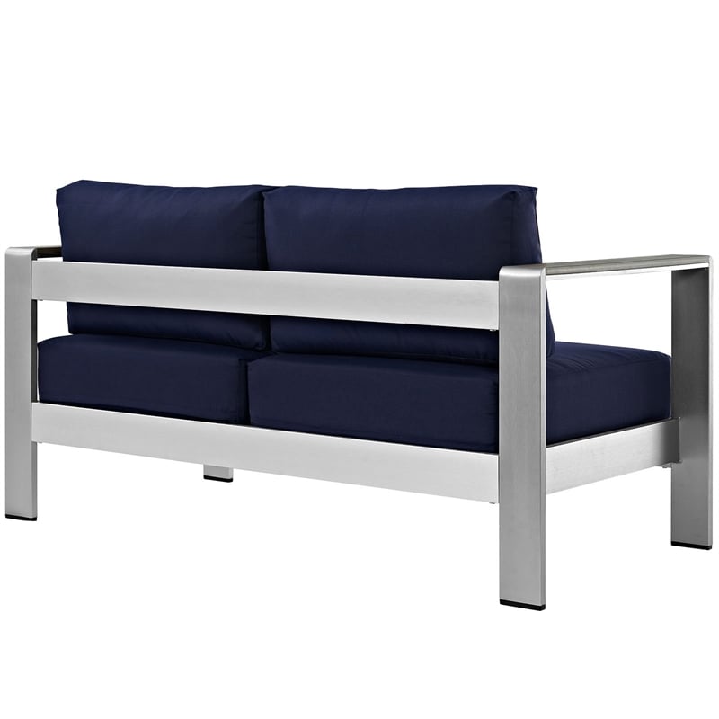 Pemberly Row Fabric and Aluminum Outdoor Patio Loveseat in Silver/Navy