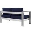Pemberly Row Fabric and Aluminum Outdoor Patio Loveseat in Silver/Navy