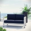 Pemberly Row Fabric and Aluminum Outdoor Patio Loveseat in Silver/Navy