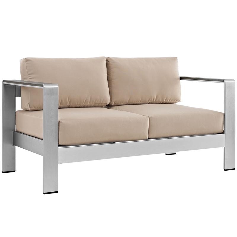 Pemberly Row Fabric and Aluminum Outdoor Patio Loveseat in Silver/Beige