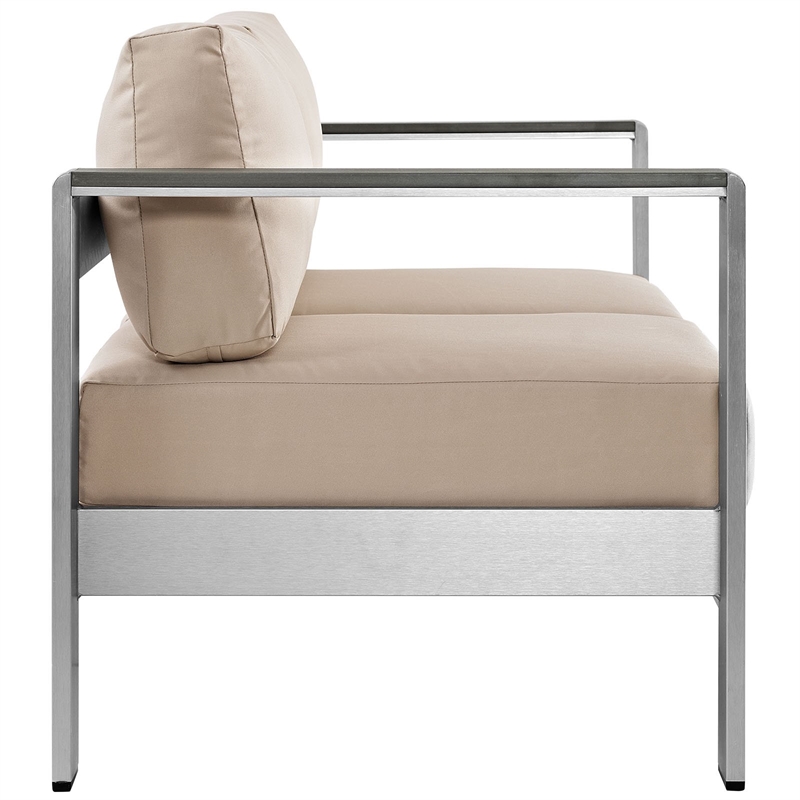 Pemberly Row Fabric and Aluminum Outdoor Patio Loveseat in Silver/Beige
