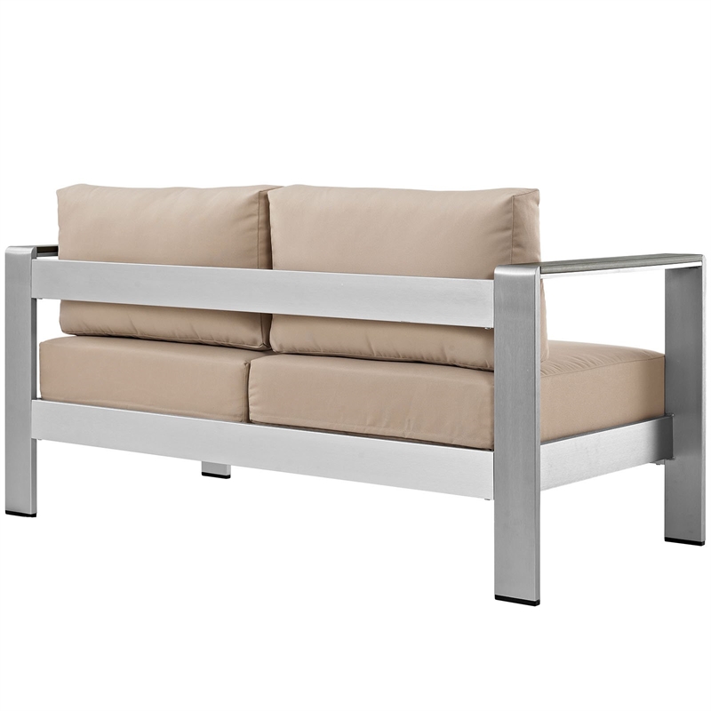 Pemberly Row Fabric and Aluminum Outdoor Patio Loveseat in Silver/Beige