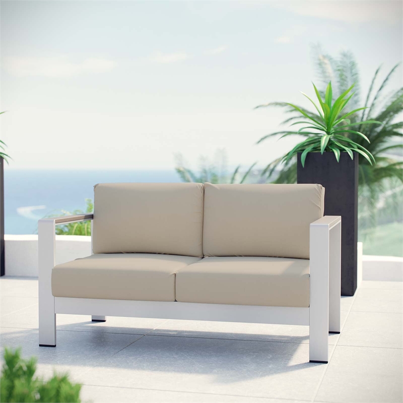 Pemberly Row Fabric and Aluminum Outdoor Patio Loveseat in Silver/Beige