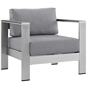 Pemberly Row Fabric and Aluminum Outdoor Patio Armchair in Silver/Gray