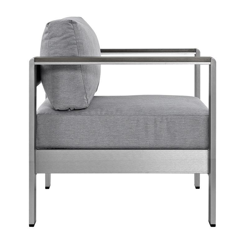 Pemberly Row Fabric and Aluminum Outdoor Patio Armchair in Silver/Gray