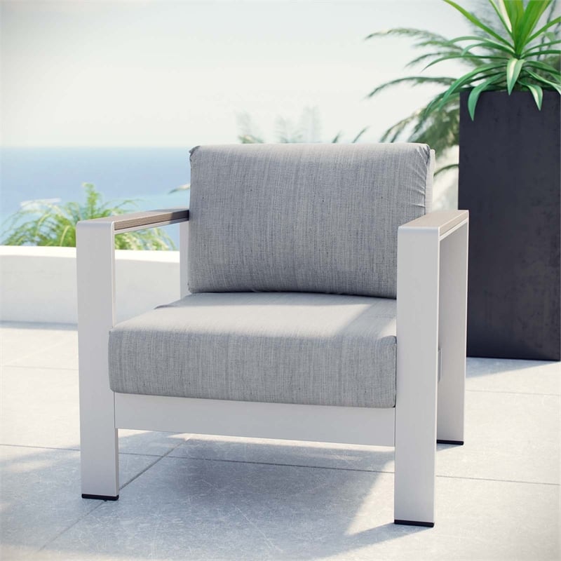 Pemberly Row Fabric and Aluminum Outdoor Patio Armchair in Silver/Gray