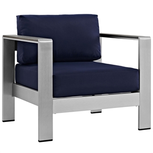Pemberly Row Fabric and Aluminum Outdoor Patio Armchair in Silver/Navy