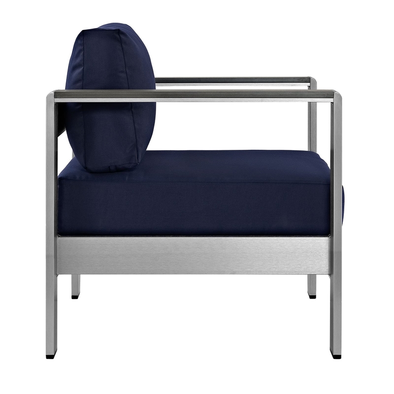 Pemberly Row Fabric and Aluminum Outdoor Patio Armchair in Silver/Navy