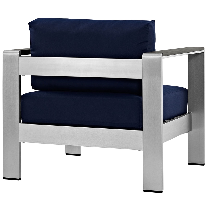 Pemberly Row Fabric and Aluminum Outdoor Patio Armchair in Silver/Navy