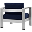Pemberly Row Fabric and Aluminum Outdoor Patio Armchair in Silver/Navy