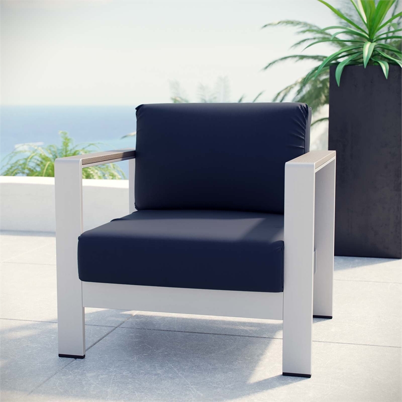 Pemberly Row Fabric and Aluminum Outdoor Patio Armchair in Silver/Navy