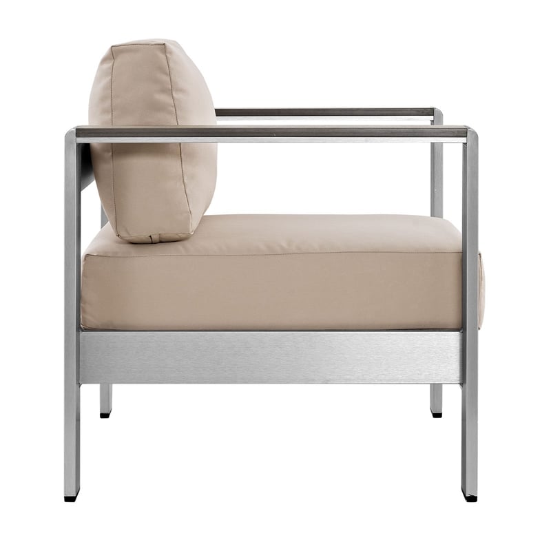 Pemberly Row Fabric and Aluminum Outdoor Patio Armchair in Silver/Beige