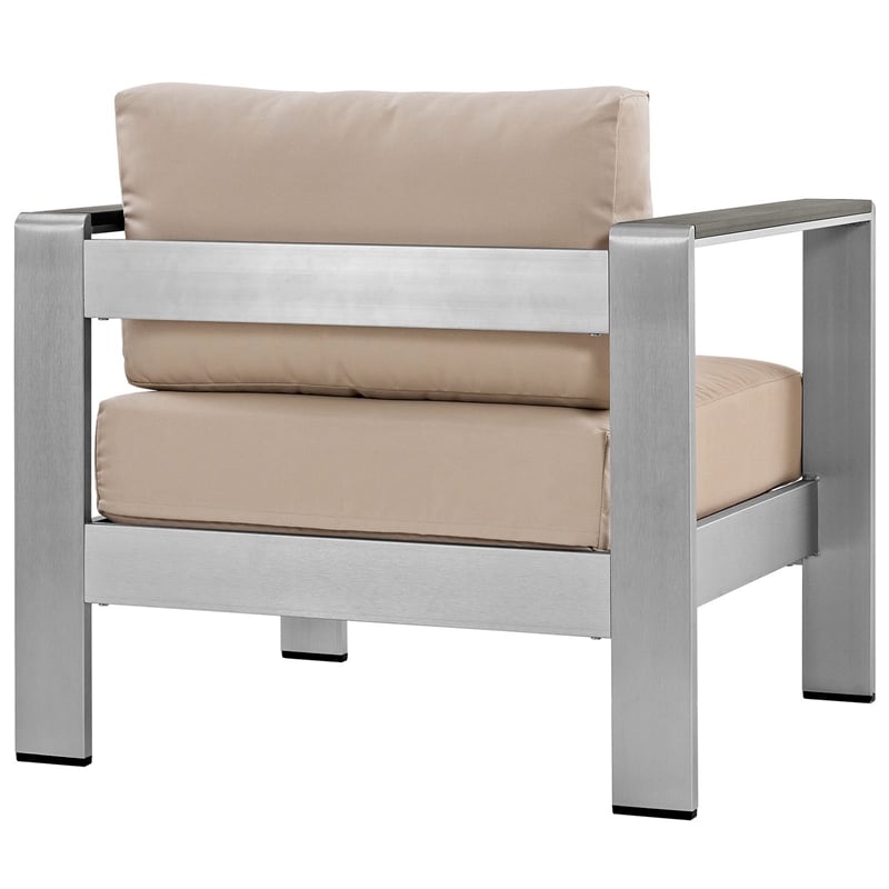 Pemberly Row Fabric and Aluminum Outdoor Patio Armchair in Silver/Beige