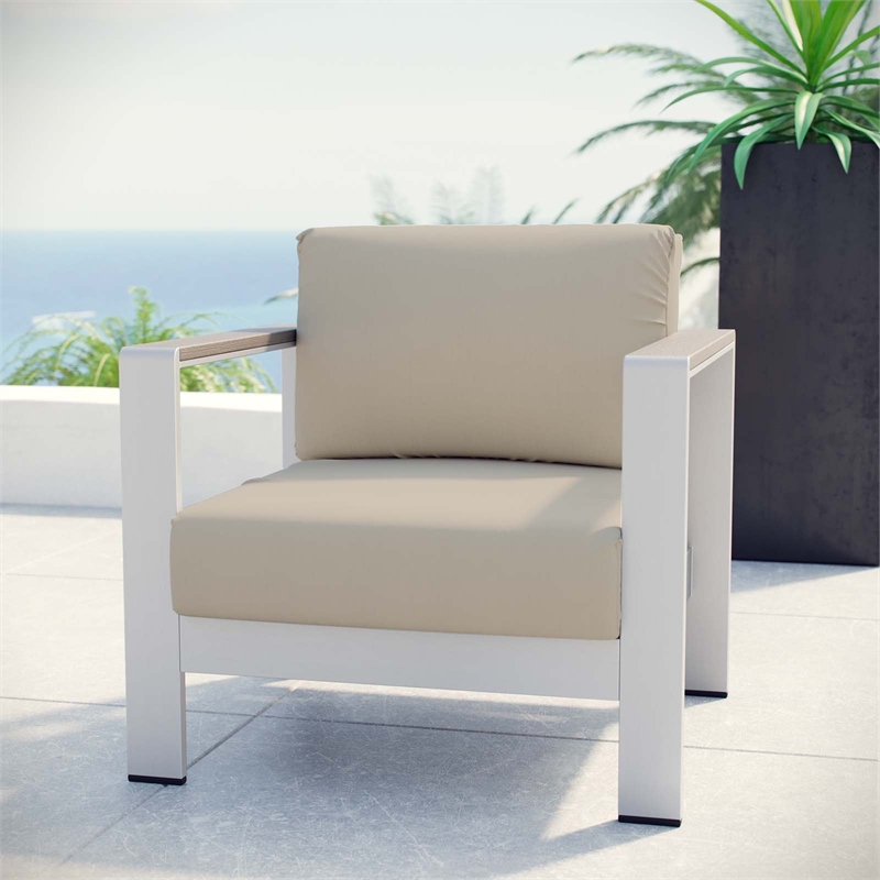 Pemberly Row Fabric and Aluminum Outdoor Patio Armchair in Silver/Beige