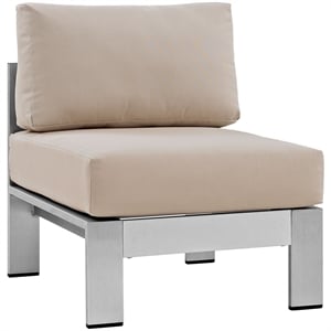 Pemberly Row Fabric Aluminum Outdoor Patio Armless Chair in Silver/Beige