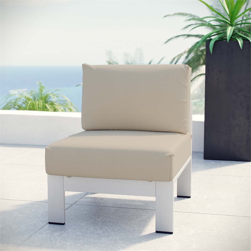 Pemberly Row Fabric Aluminum Outdoor Patio Armless Chair in Silver/Beige