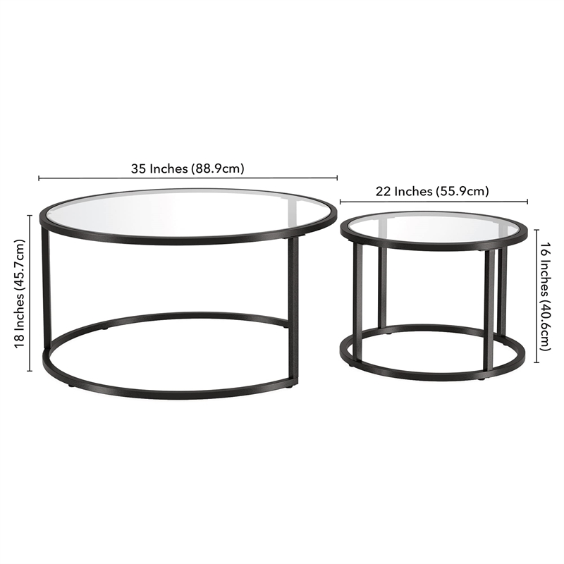 Pemberly Row Metal Double Nested Round Glass Top Coffee Table in Nickel/Gray