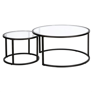 Pemberly Row Metal Double Nested Round Glass Top Coffee Table in Nickel/Gray