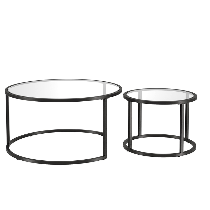 Pemberly Row Metal Double Nested Round Glass Top Coffee Table in Nickel/Gray