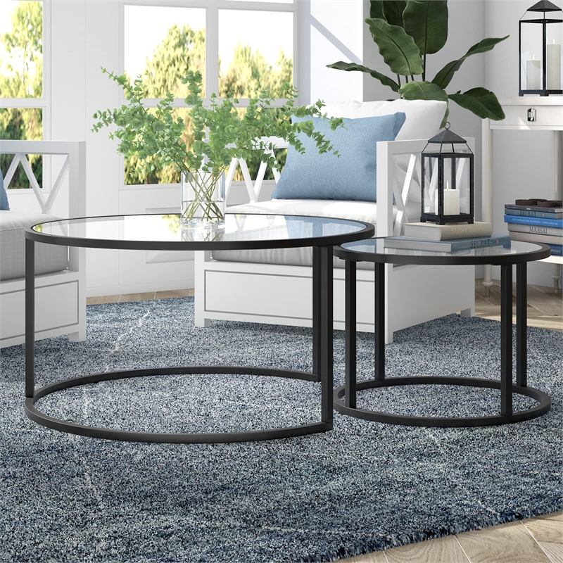 Pemberly Row Metal Double Nested Round Glass Top Coffee Table in Nickel/Gray