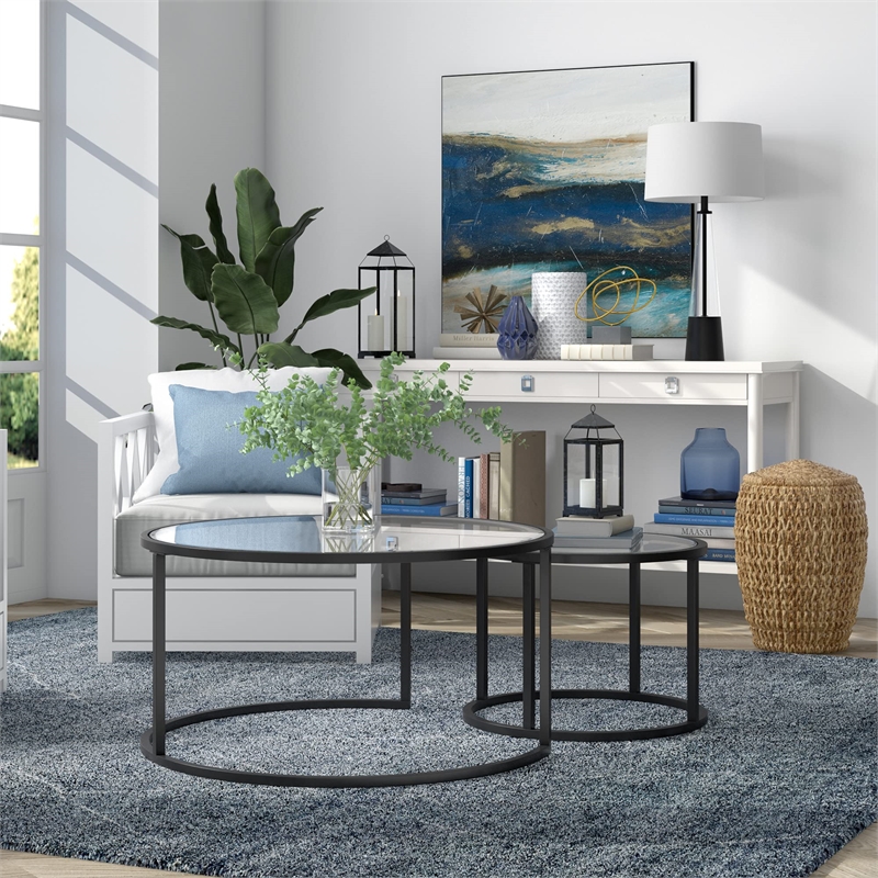 Pemberly Row Metal Double Nested Round Glass Top Coffee Table in Nickel/Gray