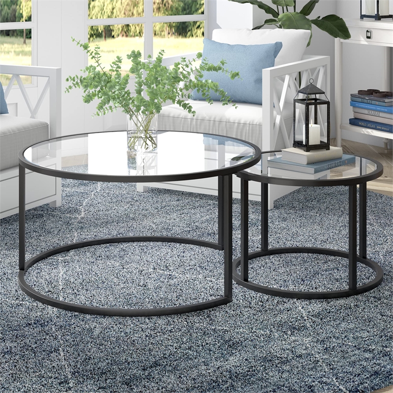 Pemberly Row Metal Double Nested Round Glass Top Coffee Table in Nickel/Gray