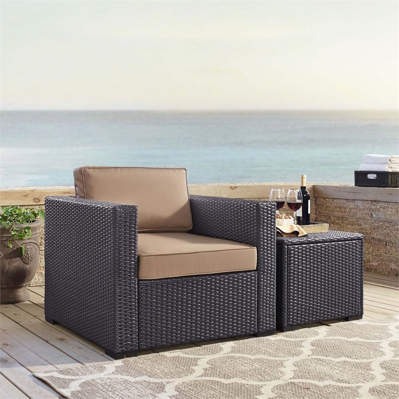 Pemberly Row Wicker / Rattan Patio Arm Chair in Brown and Mocha