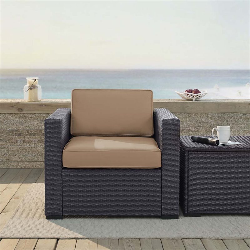 Pemberly Row Wicker / Rattan Patio Arm Chair in Brown and Mocha