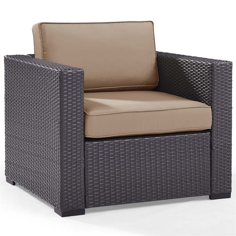 Pemberly Row Wicker / Rattan Patio Arm Chair in Brown and Mocha