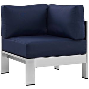 Pemberly Row Fabric Aluminum Outdoor Patio Corner Sofa Chair in Silver/Navy