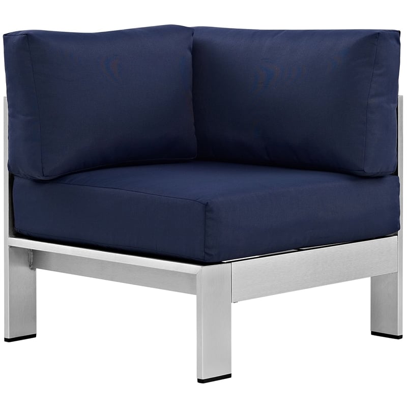 Pemberly Row Fabric Aluminum Outdoor Patio Corner Sofa Chair in Silver/Navy