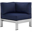 Pemberly Row Fabric Aluminum Outdoor Patio Corner Sofa Chair in Silver/Navy