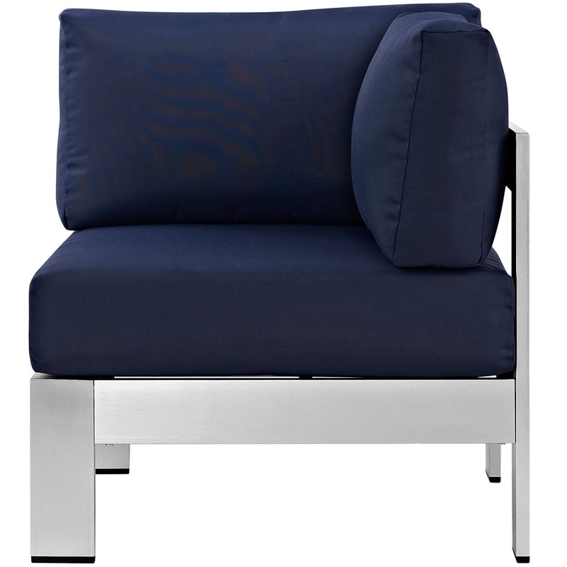 Pemberly Row Fabric Aluminum Outdoor Patio Corner Sofa Chair in Silver/Navy