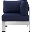 Pemberly Row Fabric Aluminum Outdoor Patio Corner Sofa Chair in Silver/Navy