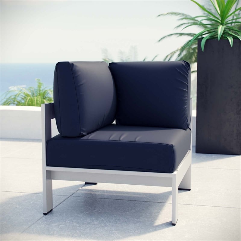 Pemberly Row Fabric Aluminum Outdoor Patio Corner Sofa Chair in Silver/Navy