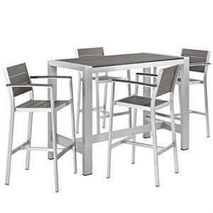 Pemberly Row 5-Piece Outdoor Patio Wood and Aluminum Dining Set in Silver/Gray