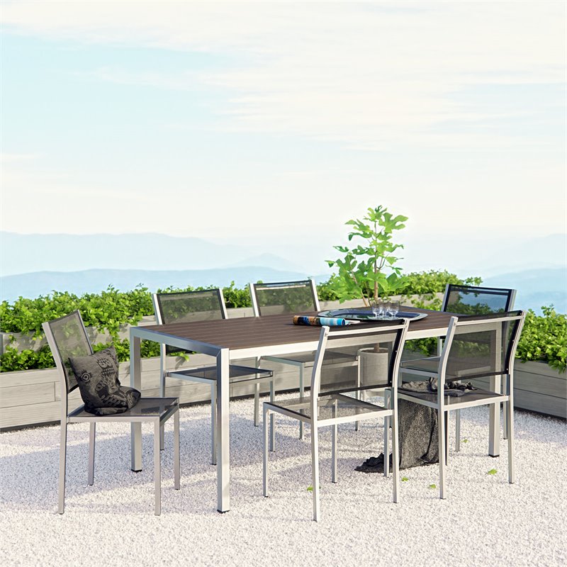 Pemberly Row 7-Piece Outdoor Patio Wood and Aluminum Dining Set in Silver/Black