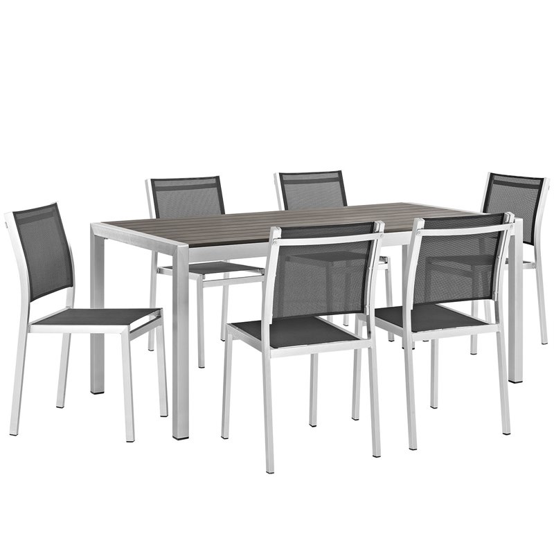 Pemberly Row 7-Piece Outdoor Patio Wood and Aluminum Dining Set in Silver/Black