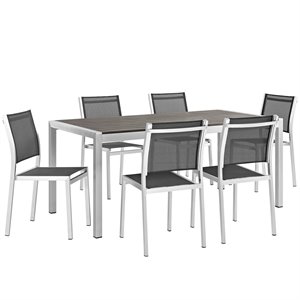 Pemberly Row 7-Piece Outdoor Patio Wood and Aluminum Dining Set in Silver/Black