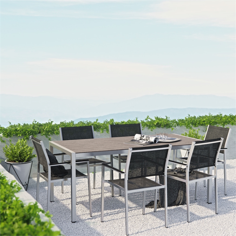 Pemberly Row 7-Piece Outdoor Patio Wood and Aluminum Dining Set in Silver/Black