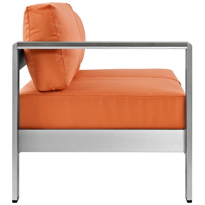 Pemberly Row Fabric Aluminum Outdoor Patio Left Arm Loveseat in Silver/Orange